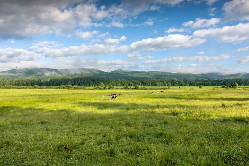 View of distant hills and farmland from Orford, NH