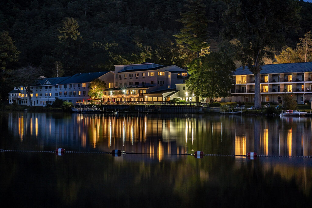 View of Lake Morey Resort at night. Lake Morey, Fairlee, Vermont